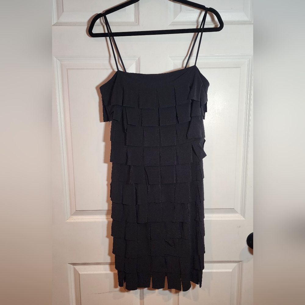 JS Collections Black Tiered Square Fringe Flapper Cocktail Dress Sleeveless 10